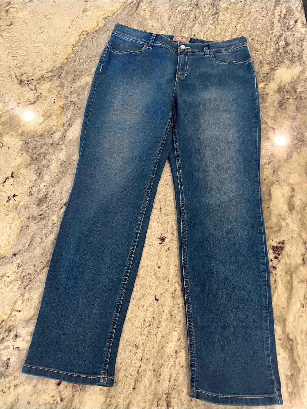 Chico's Platinum Straight Ankle Jeans Embroidered Pocket, Size 1, Medium Wash